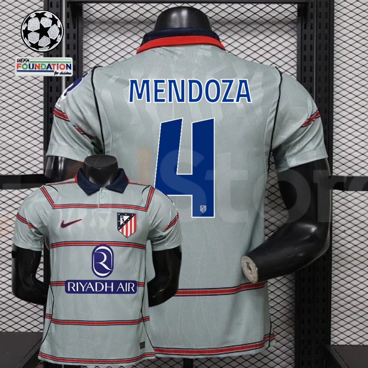 Front and back views of a light grey Atlético Madrid short-sleeve jersey with red horizontal stripes, blue Mendoza number 4 print and Riyadh Air sponsor, alongside UCL graphics.