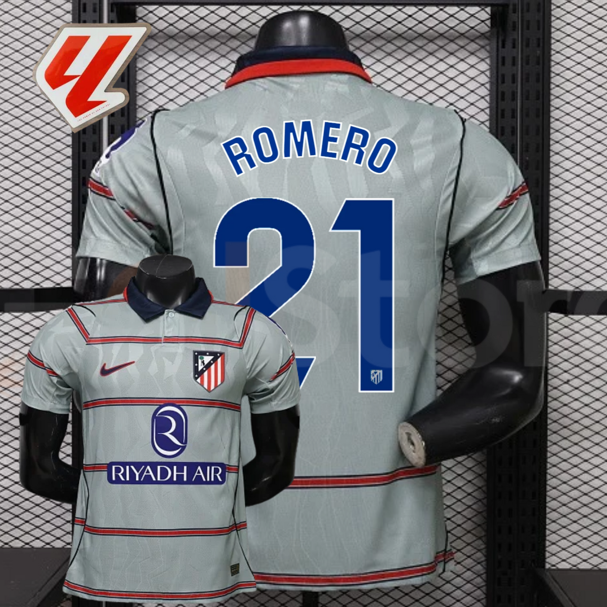  Front and back views of a light grey Atlético Madrid short-sleeve jersey with red horizontal stripes, blue Romero number 21 print and Riyadh Air sponsor, alongside a LaLiga graphic.
