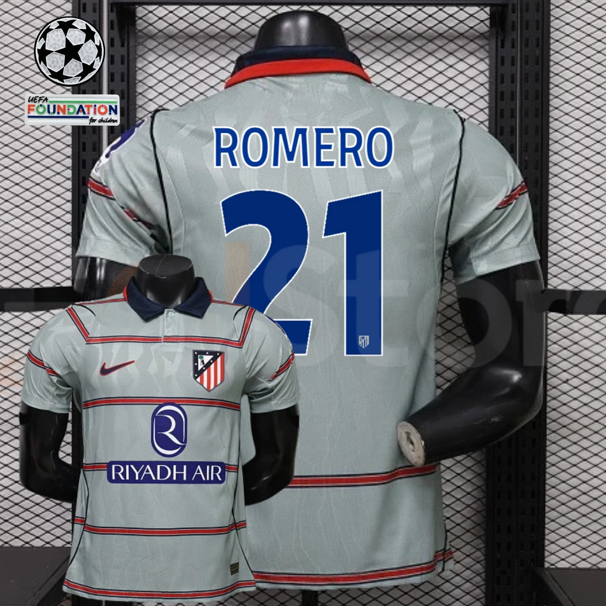 Front and back views of a light grey Atlético Madrid short-sleeve jersey with red horizontal stripes, blue Romero number 21 print and Riyadh Air sponsor, alongside UCL graphics.