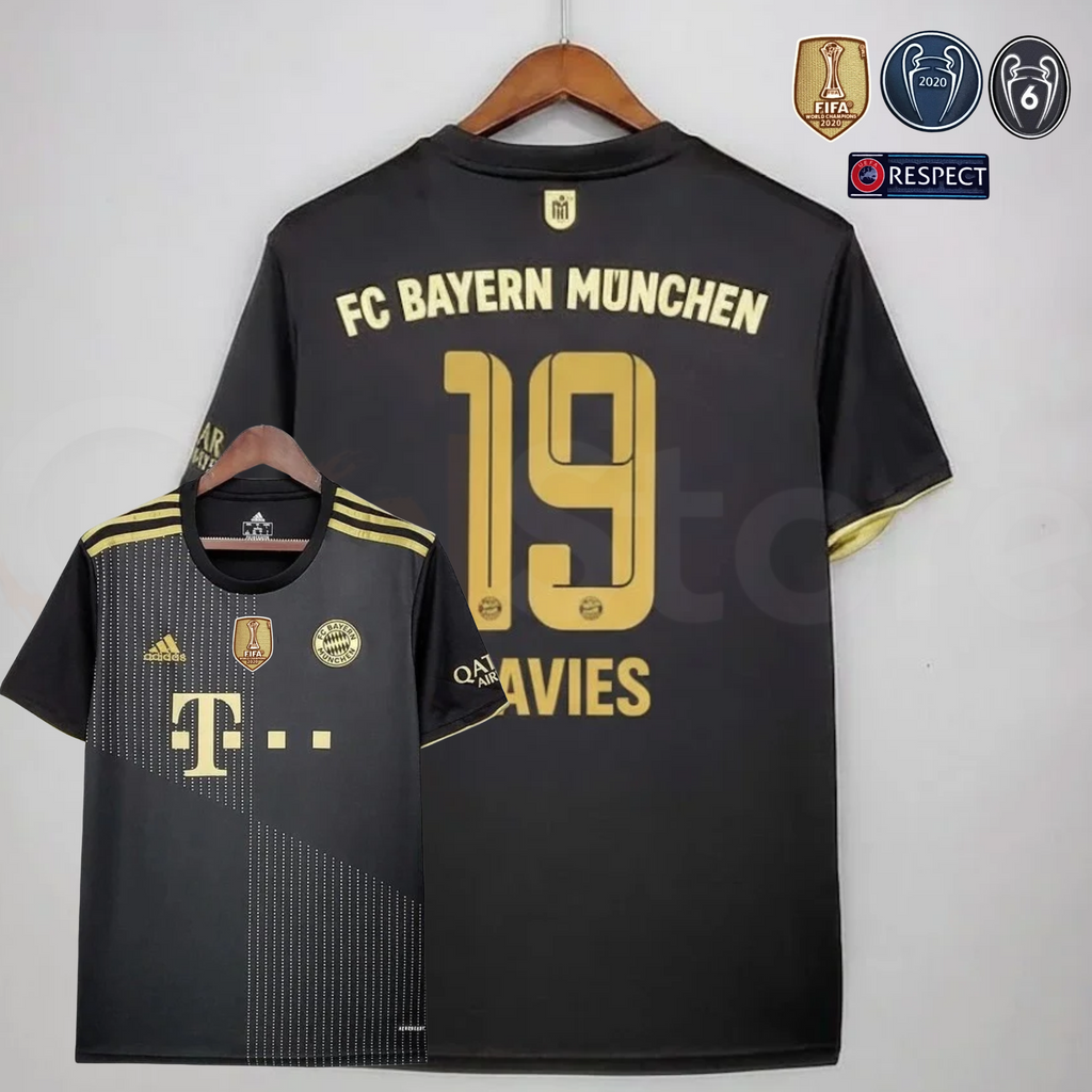 Bayern Munich 2021–2022 black and gold short-sleeve away jersey, showing front and back views with Davies #19 lettering and UCL patch graphics.