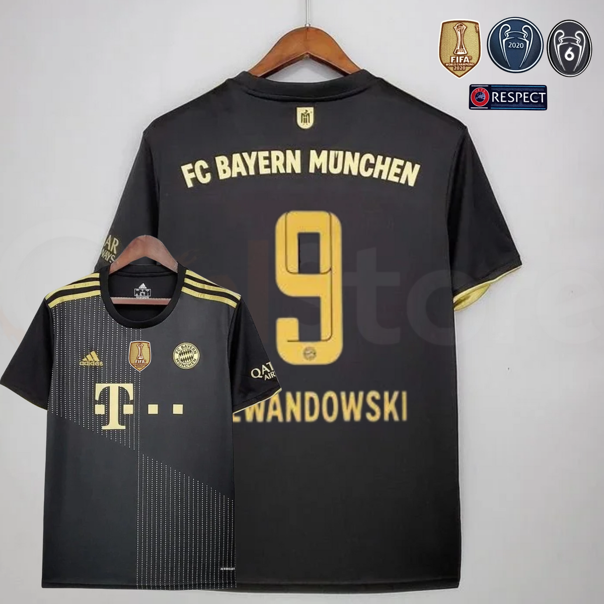 Bayern Munich 2021–2022 black and gold short-sleeve away jersey, front and back views with Lewandowski #9 and patch options.