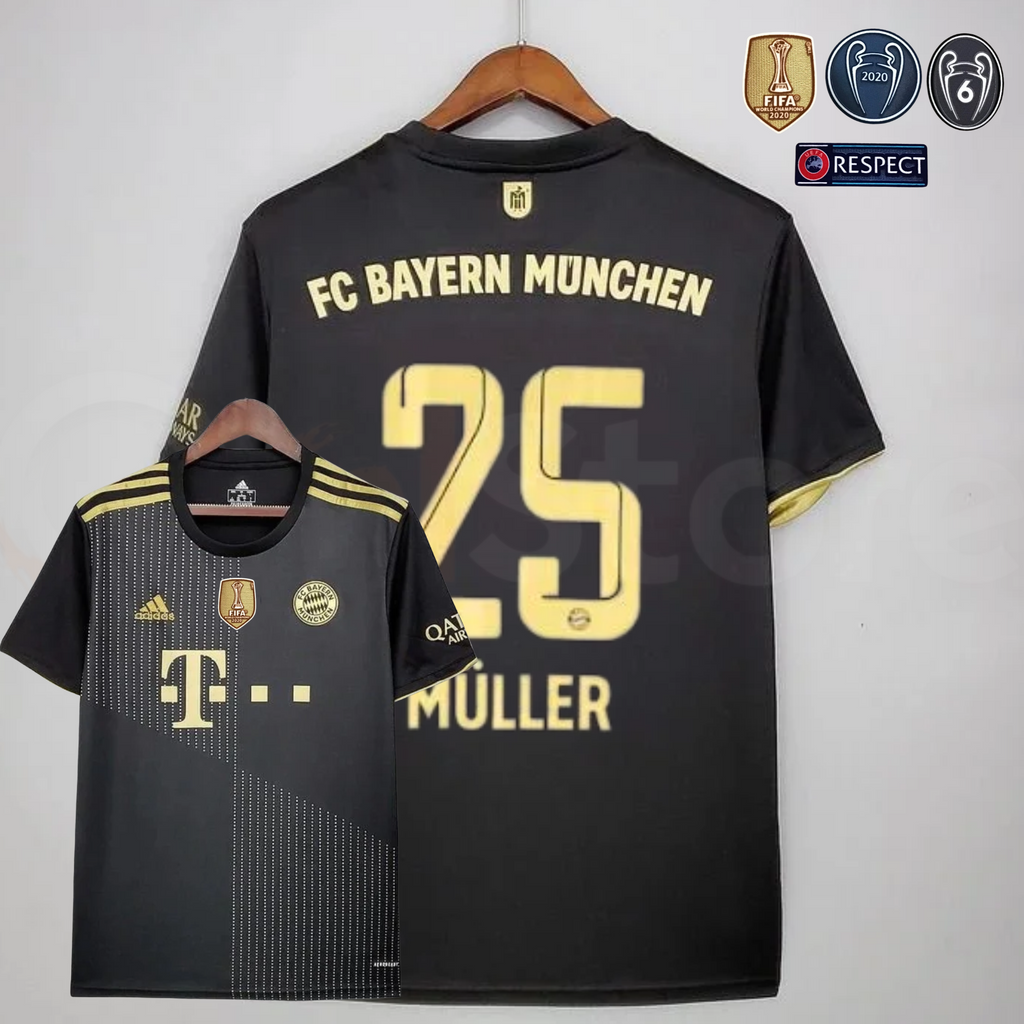 Bayern Munich 2021–2022 black and gold short-sleeve away jersey, front and back views featuring Müller #25, with patch graphics.