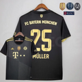 Bayern Munich 2021–2022 black and gold short-sleeve away jersey, front and back views featuring Müller #25, with patch graphics.