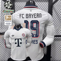  Front and back views of a white Bayern Munich long-sleeve jersey with a dark collar, red and dark detailing and Davies number 19 print, alongside UCL and Bundesliga patch graphics.