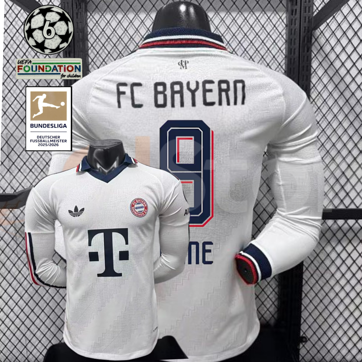 Front and back views of a white Bayern Munich long-sleeve jersey with a dark collar, red and dark detailing and Kane number 9 print, alongside UCL and Bundesliga patch graphics.