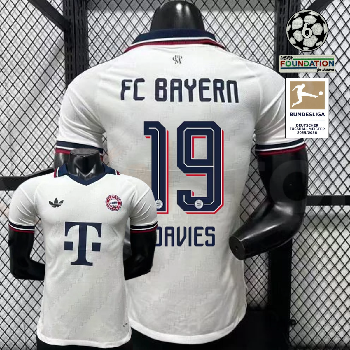 Front and back views of a white Bayern Munich short-sleeve away jersey with a navy collar, burgundy trim and navy Davies number 19 print.