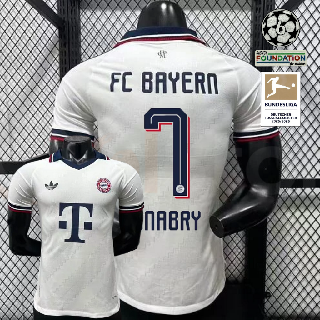 Front and back views of a white Bayern Munich short-sleeve away jersey with a navy collar, burgundy trim and navy Gnabry number 7 print.