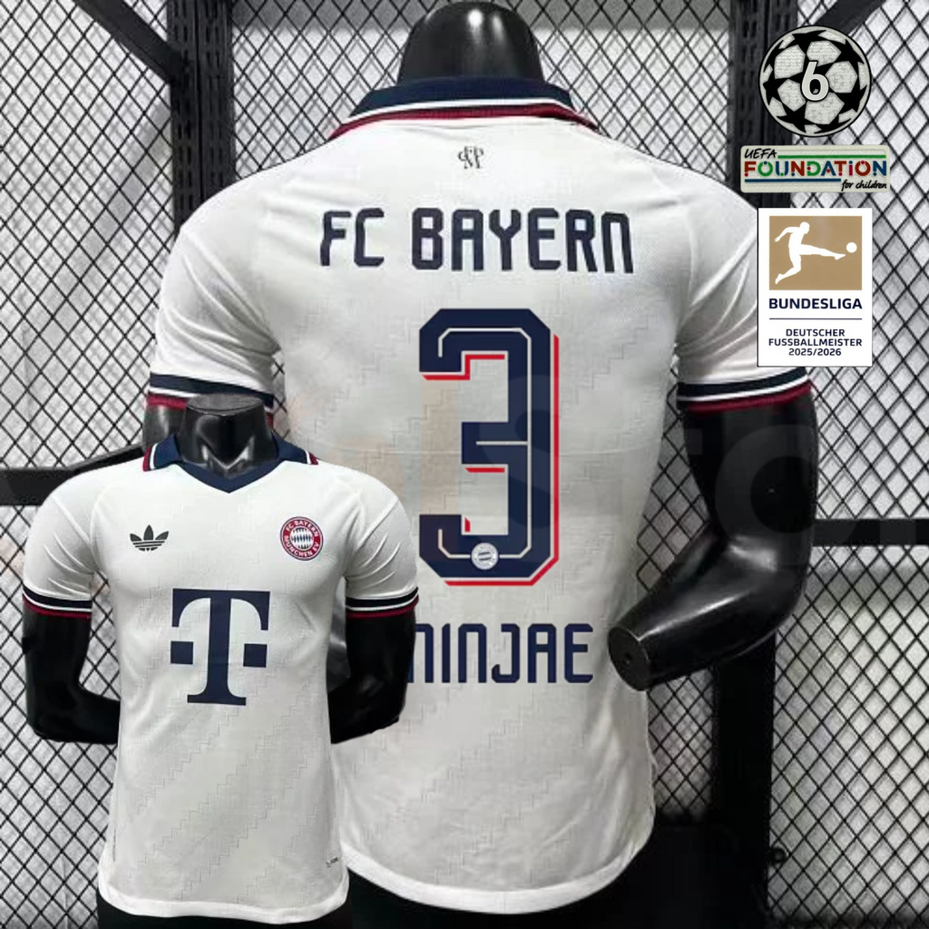 Front and back views of a white Bayern Munich short-sleeve away jersey with a navy collar, burgundy trim and navy Minjae number 3 print.
