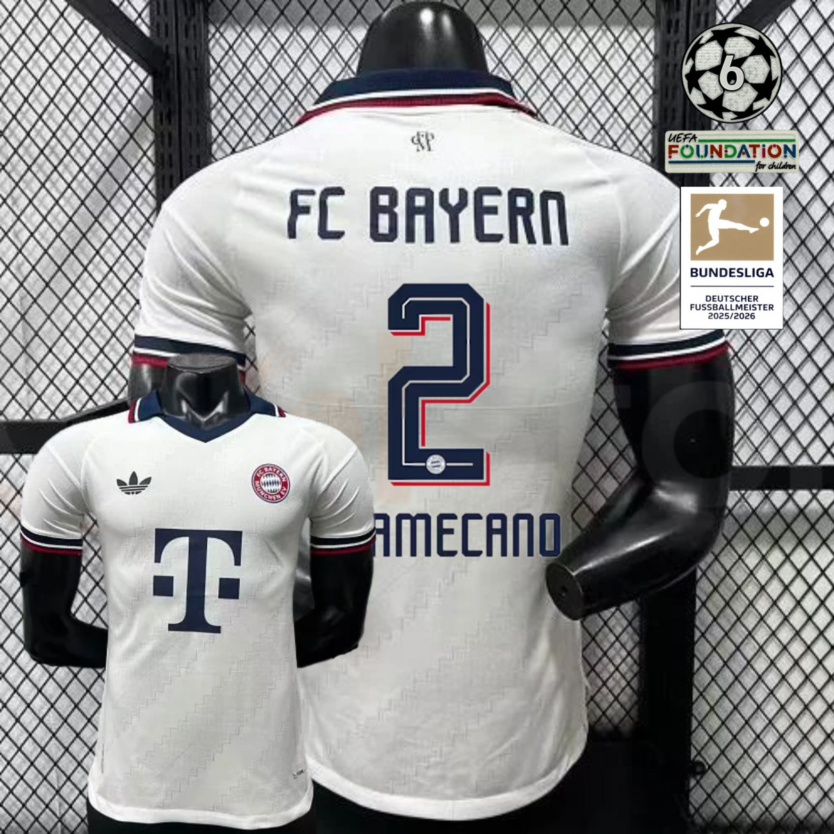 Front and back views of a white Bayern Munich short-sleeve away jersey with a navy collar, burgundy trim and navy Upamecano number 2 print.