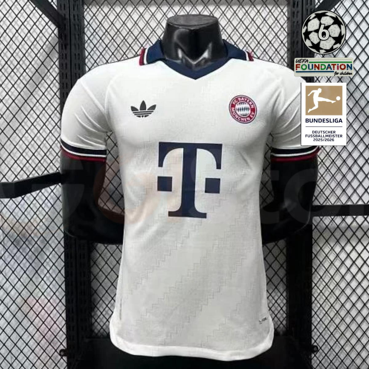  Front view of a white Bayern Munich short-sleeve away jersey with a navy collar, burgundy sleeve trim, club crest and navy Telekom sponsor.