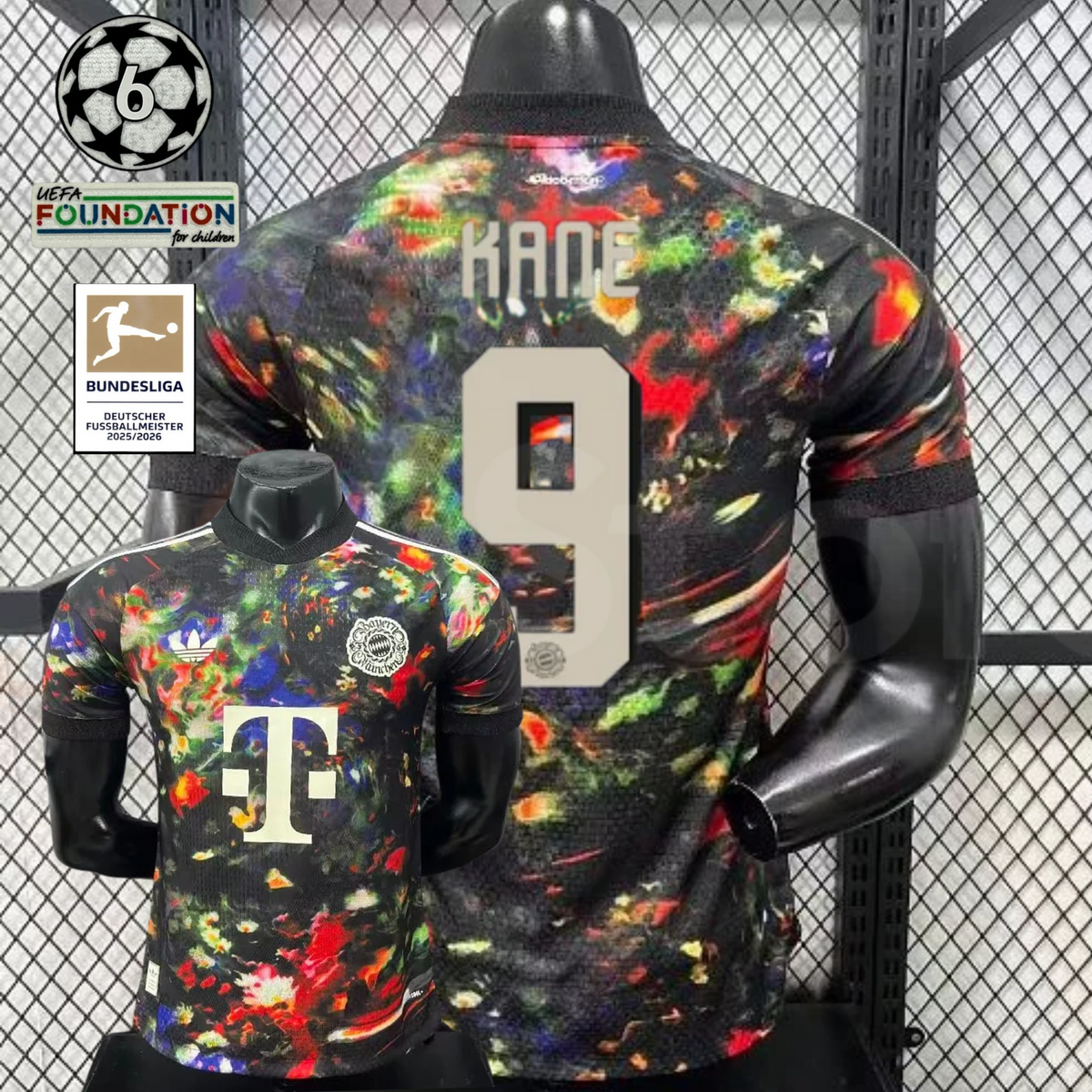 Front and back views of a black Bayern Munich short-sleeve jersey with a multicolored abstract design, cream Kane number 9 print and Telekom sponsor, alongside UCL and Bundesliga graphics.