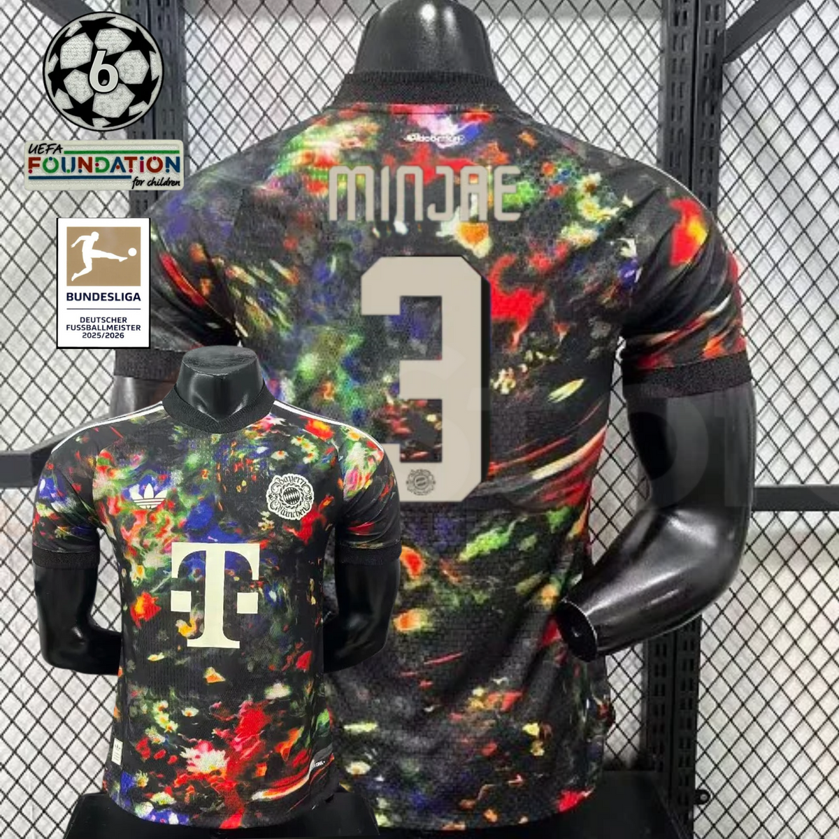 Front and back views of a black Bayern Munich short-sleeve jersey with a multicolored abstract design, cream Minjae number 3 print and Telekom sponsor, alongside UCL and Bundesliga graphics.