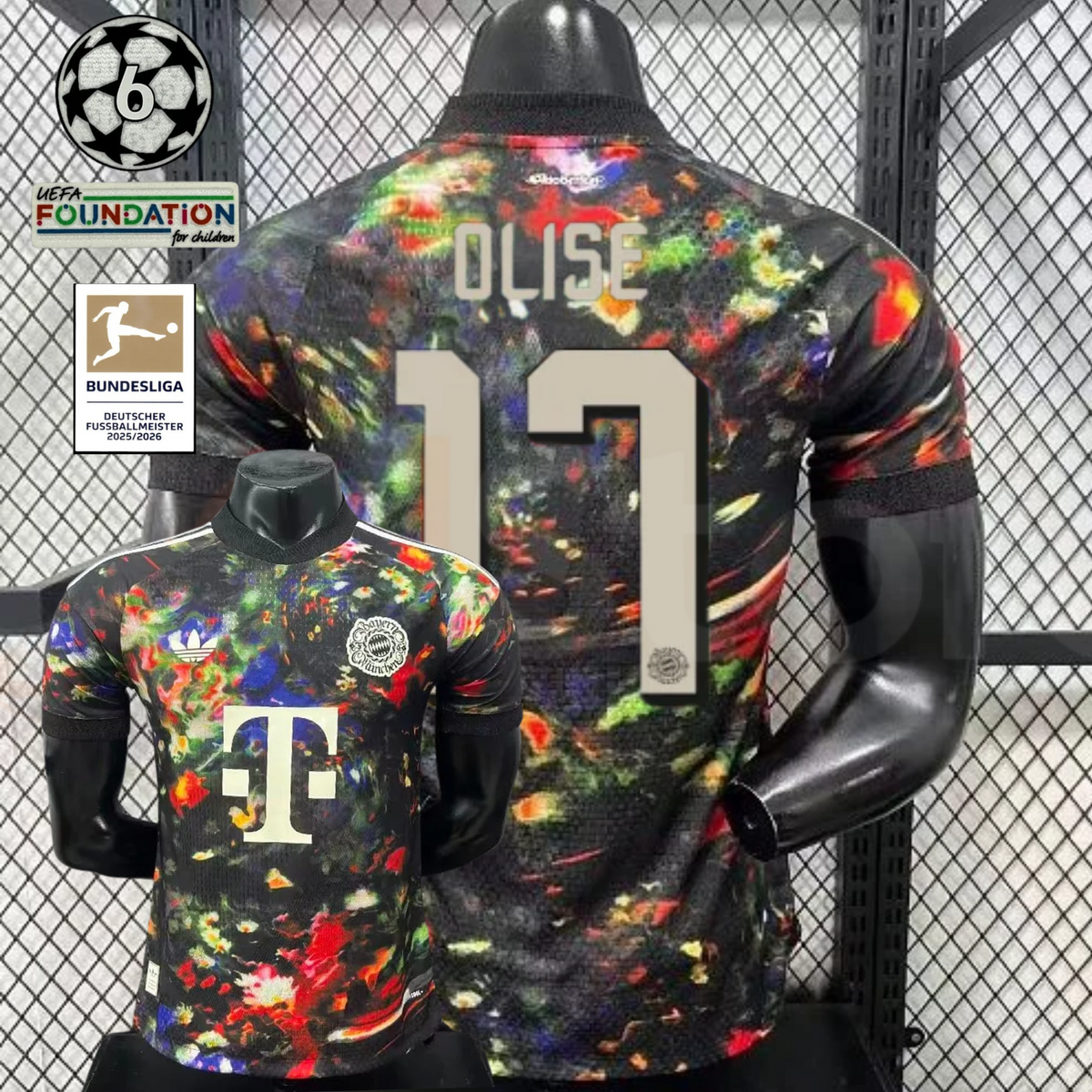  Front and back views of a black Bayern Munich short-sleeve jersey with a multicolored abstract design, cream Olise number 17 print and Telekom sponsor, alongside UCL and Bundesliga graphics.