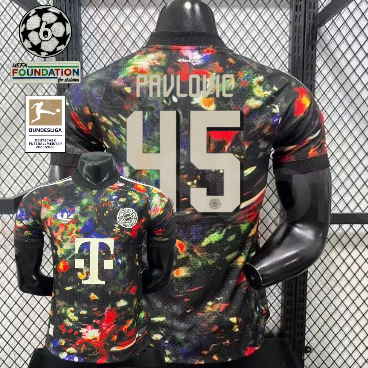  Front and back views of a black Bayern Munich short-sleeve jersey with a multicolored abstract print, cream Pavlovic number 45 lettering and Telekom sponsor, alongside UCL and Bundesliga graphics.