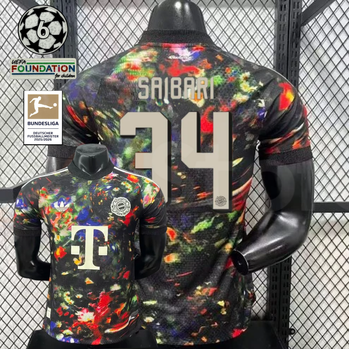 Front and back views of a black Bayern Munich short-sleeve jersey with a multicolored abstract design, cream Saibari number 34 print and Telekom sponsor, alongside UCL and Bundesliga graphics.