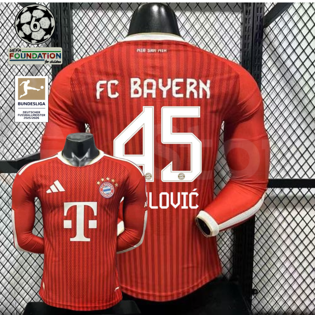  Front and back views of a red Bayern Munich long-sleeve home jersey with tonal stripes, white Pavlović number 45 print and Telekom sponsor, alongside UCL and Bundesliga badge graphics.