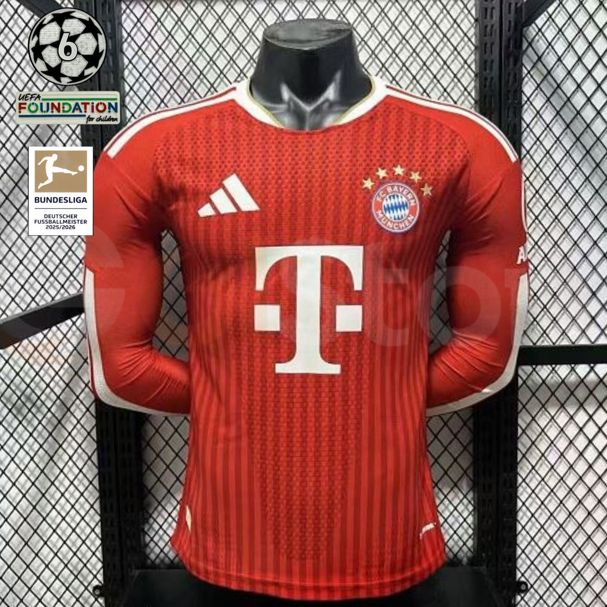 Front view of a red Bayern Munich long-sleeve home jersey with tonal vertical stripes, white shoulder details and Telekom sponsor, alongside UCL and Bundesliga badge graphics.