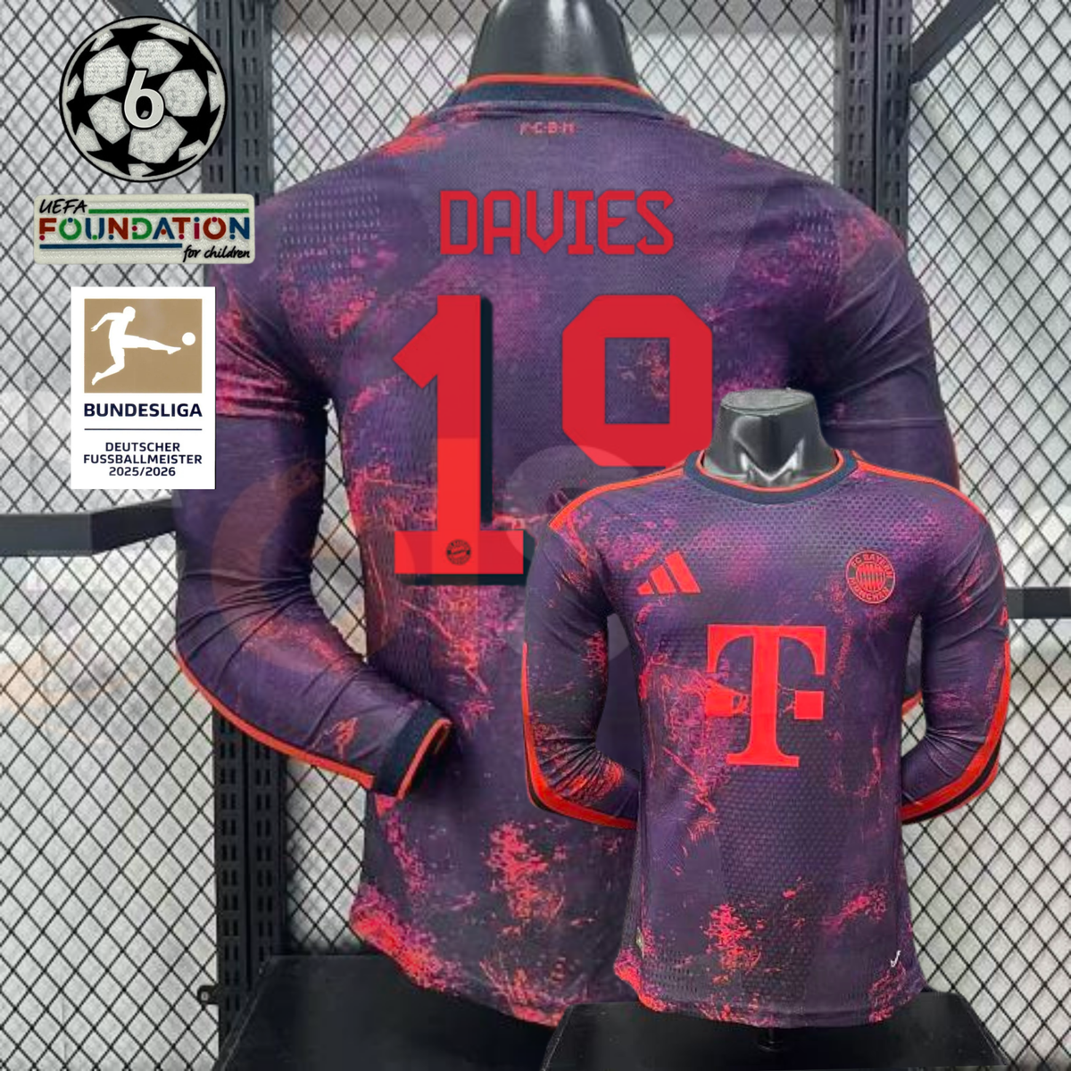 Front and back views of a purple Bayern Munich long-sleeve third jersey with red patterns and Davies number 19 print, alongside UCL and Bundesliga badge graphics.