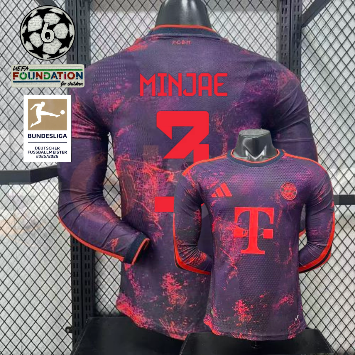 Front and back views of a purple Bayern Munich long-sleeve third jersey with red patterns and Minjae number 3 print, alongside UCL and Bundesliga badge graphics.