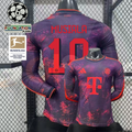 Front and back views of a purple Bayern Munich long-sleeve third jersey with red patterns and Musiala number 10 print, alongside UCL and Bundesliga badge graphics.