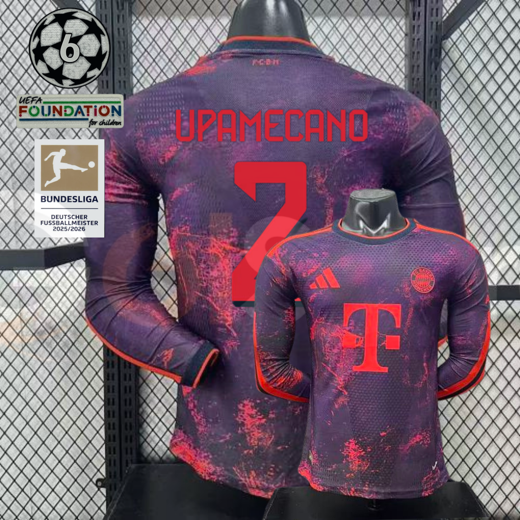 Front and back views of a purple Bayern Munich long-sleeve third jersey with red patterns and Upamecano number 2 print, alongside UCL and Bundesliga badge graphics.