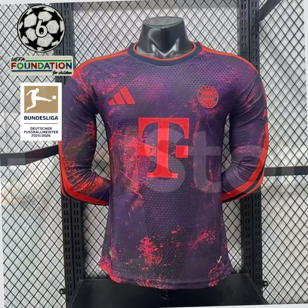 Front view of a purple Bayern Munich long-sleeve third jersey with red patterns, red club crest and Telekom sponsor, alongside UCL and Bundesliga badge graphics.