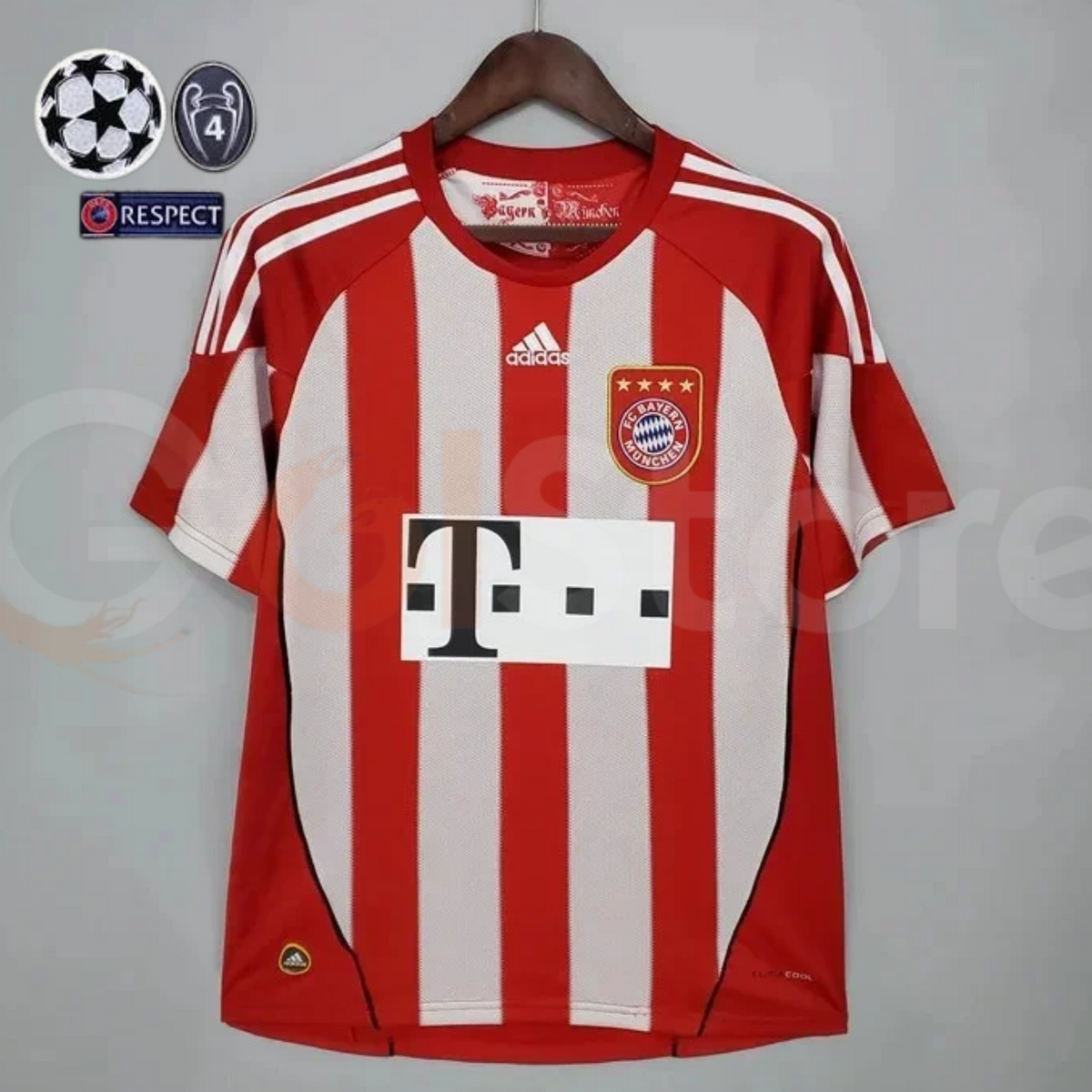 Front view of a Bayern Munich retro short-sleeve home jersey with red and white vertical stripes, white shoulder stripes, club crest and black sponsor logo.