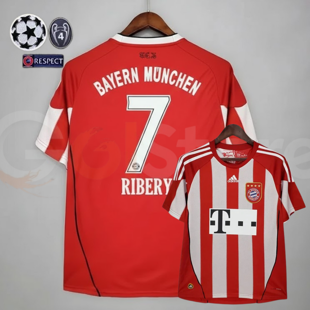 Front and back views of a Bayern Munich retro short-sleeve jersey with red and white front stripes, white shoulder stripes, and Ribery 7 printing on the red back.