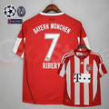 Front and back views of a Bayern Munich retro short-sleeve jersey with red and white front stripes, white shoulder stripes, and Ribery 7 printing on the red back.