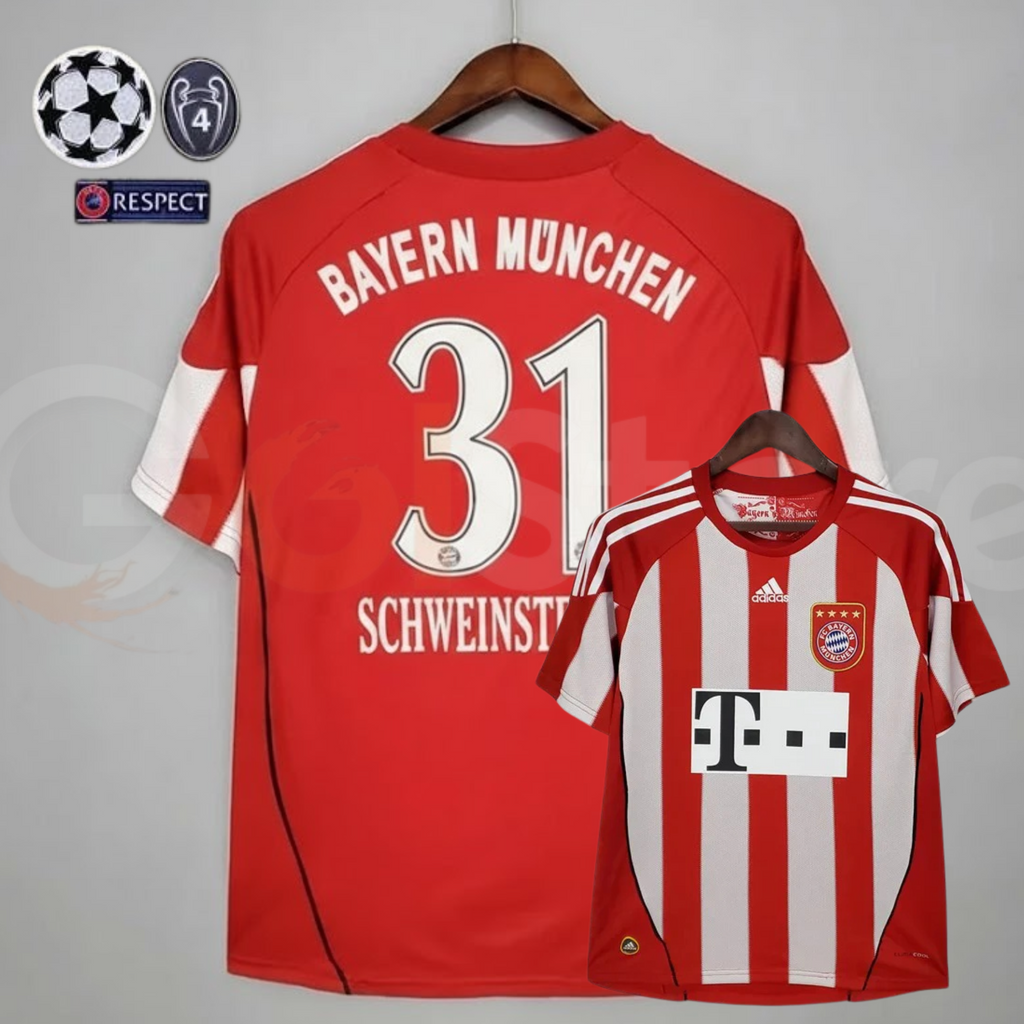 Front and back views of a Bayern Munich retro short-sleeve jersey with red and white front stripes, white shoulder stripes, and Schweinsteiger 31 printing on the red back.