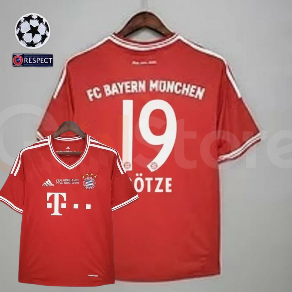 Front and back views of a red Bayern Munich short-sleeve jersey with white trim, “Final Wembley 2013” chest lettering and Götze 19 printing on the back.