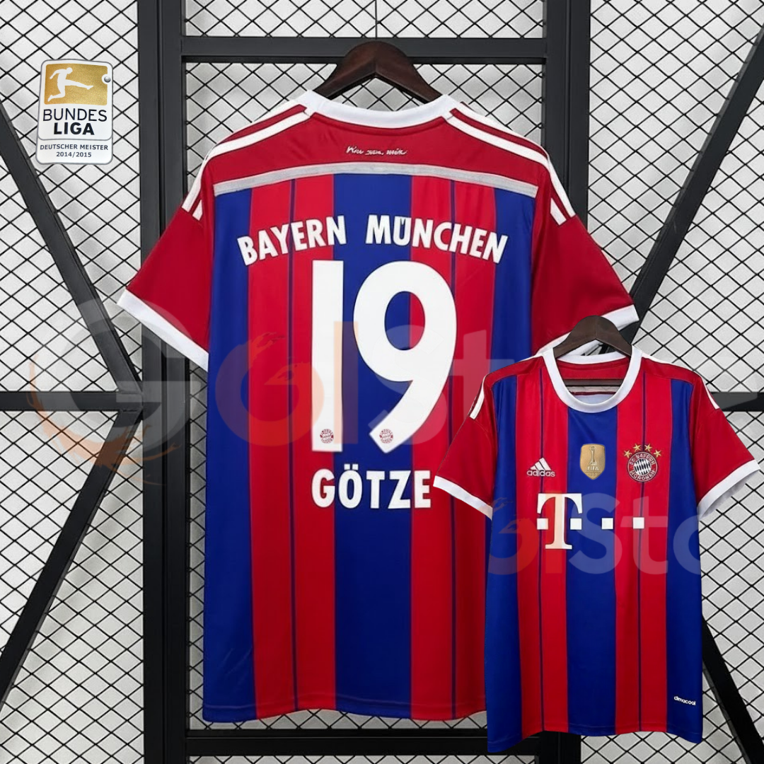 Bayern Munich 2014–2015 retro home short-sleeve jersey, front and back views, with red and blue stripes, white trim and GÖTZE number 19 on the back.