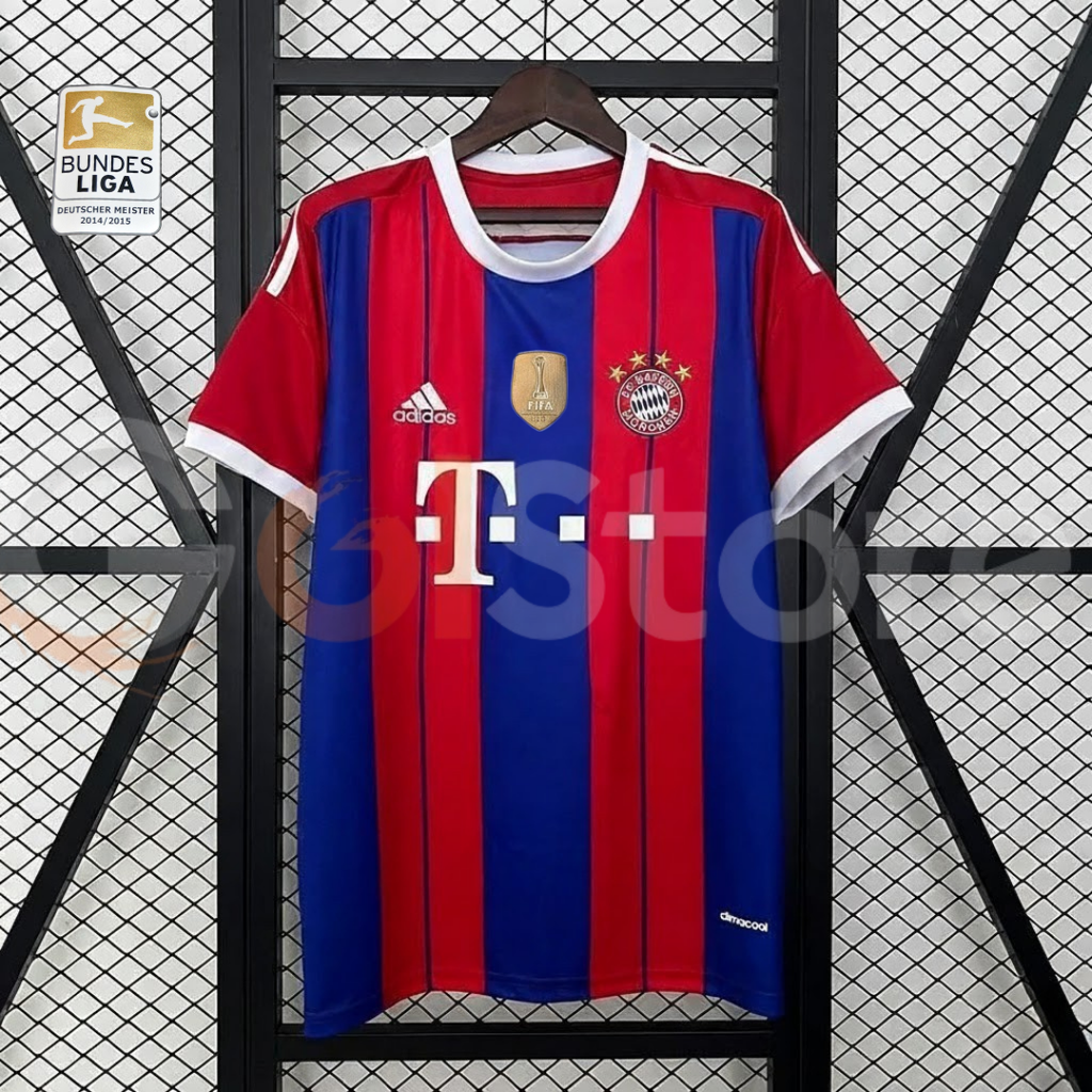 Front view of a Bayern Munich 2014–2015 retro home short-sleeve jersey with red and blue vertical stripes, white collar and cuffs, and club crest.