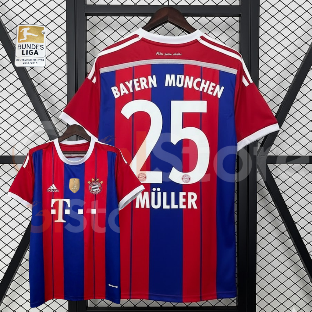 Bayern Munich 2014–2015 retro home short-sleeve jersey, front and back views, with red and blue stripes, white trim and MÜLLER number 25 on the back.