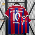 Bayern Munich 2014–2015 retro home short-sleeve jersey, front and back views, with red and blue stripes, white trim and ROBBEN number 10 on the back.