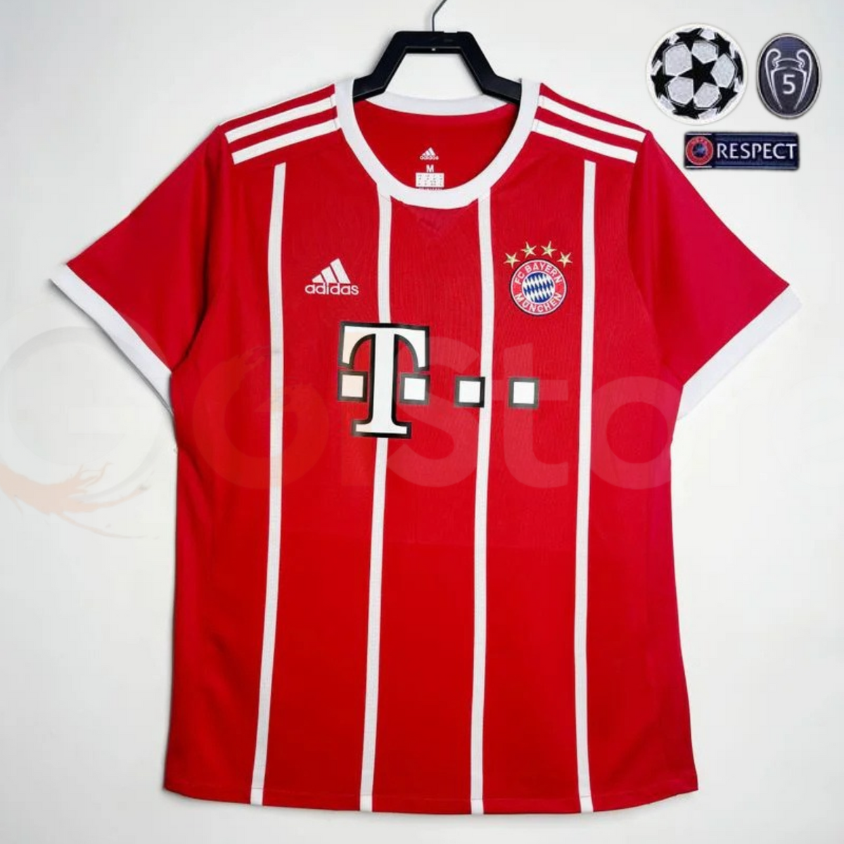 Front view of a red Bayern Munich retro short-sleeve home jersey with thin white vertical stripes, white collar and sleeve trim, and club crest.