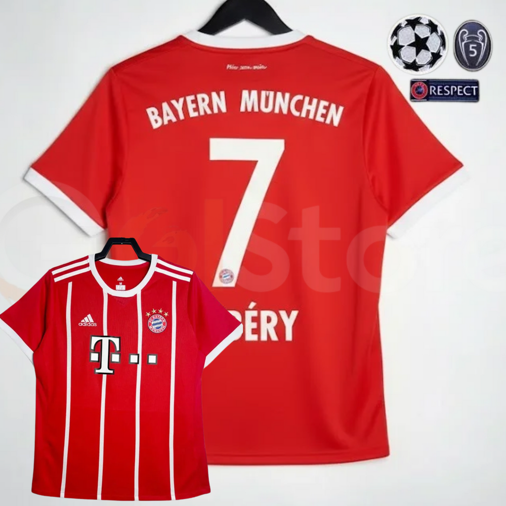 Front and back views of a red Bayern Munich retro short-sleeve jersey with thin white front stripes, white trim, and Ribéry 7 printing on the back.