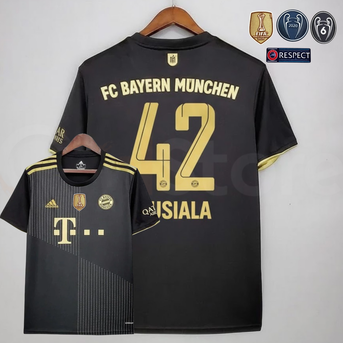 Front and back views of a black Bayern Munich short-sleeve away jersey with gold details, dotted diagonal front patterns and Musiala 42 printing on the back.