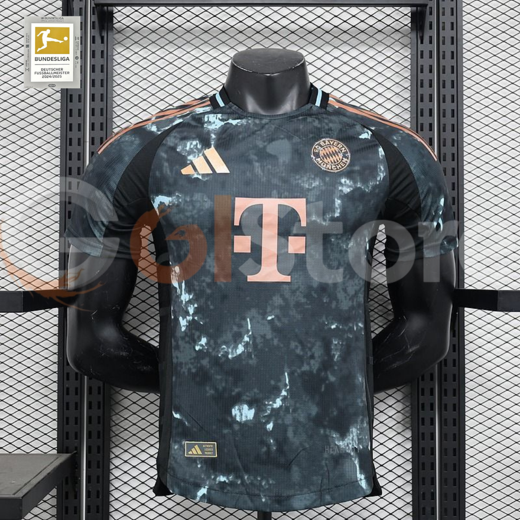 Front view of a Bayern Munich 2024–2025 short-sleeve away jersey with a dark grey patterned body, black side panels and copper-coloured crest and sponsor logo.