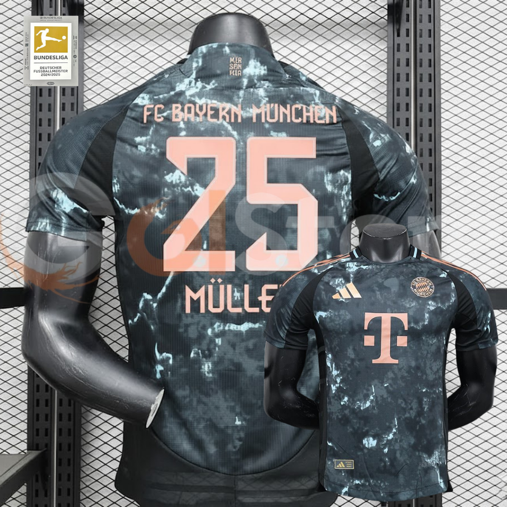 Back view of a Bayern Munich 2024–2025 short-sleeve away jersey with a dark grey pattern, black panels and copper-coloured MÜLLER number 25 printing.