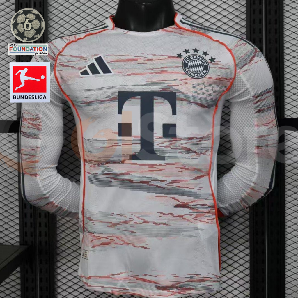 Front view of a white Bayern Munich 2025–2026 long-sleeve away jersey with red and grey streak patterns, orange piping and dark club crest and sponsor logo.