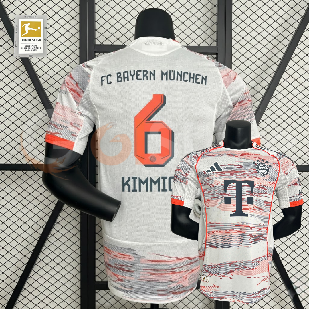 Front and back views of a white Bayern Munich short-sleeve jersey with red and grey patterns, orange trim, and Kimmich 6 printing on the back.