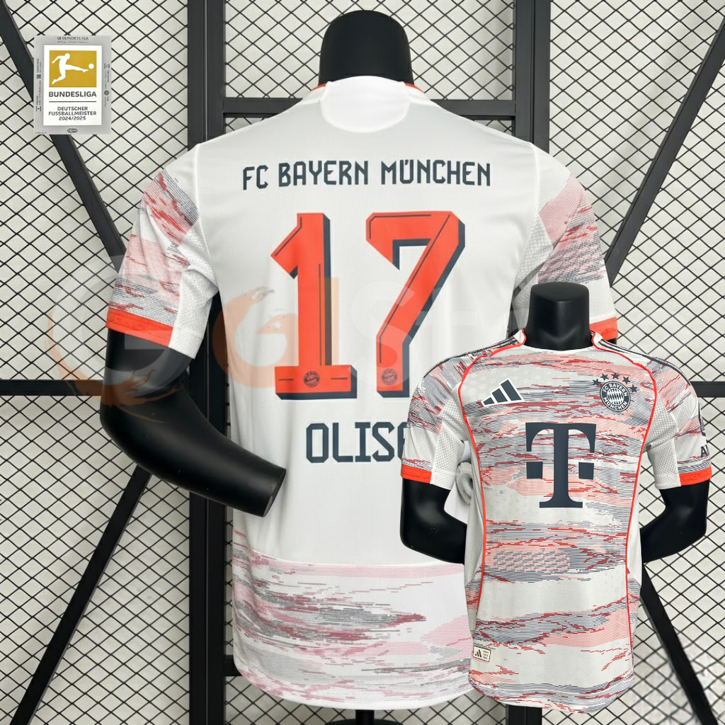 Front and back views of a white Bayern Munich short-sleeve jersey with red and grey patterns, orange trim, and Olise 17 printing on the back.