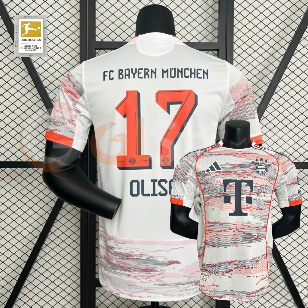 Front and back views of a white Bayern Munich short-sleeve jersey with red and grey patterns, orange trim, and Olise 17 printing on the back.
