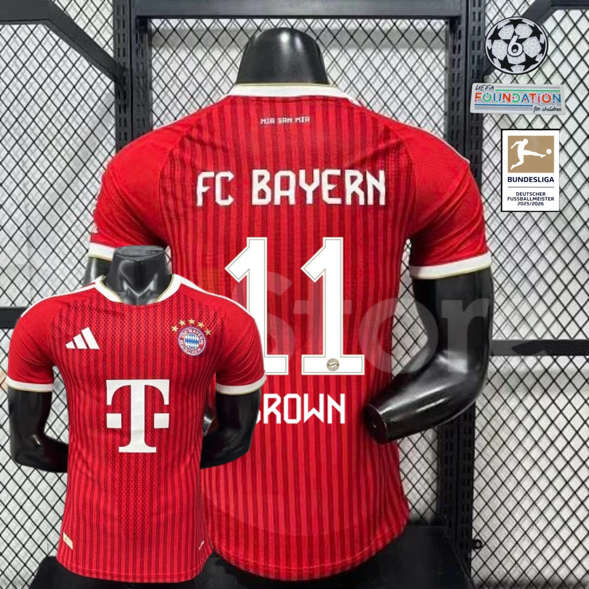 Red Bayern Munich short-sleeve home jersey, front and back views, with white trim and BROWN number 11 on the back.