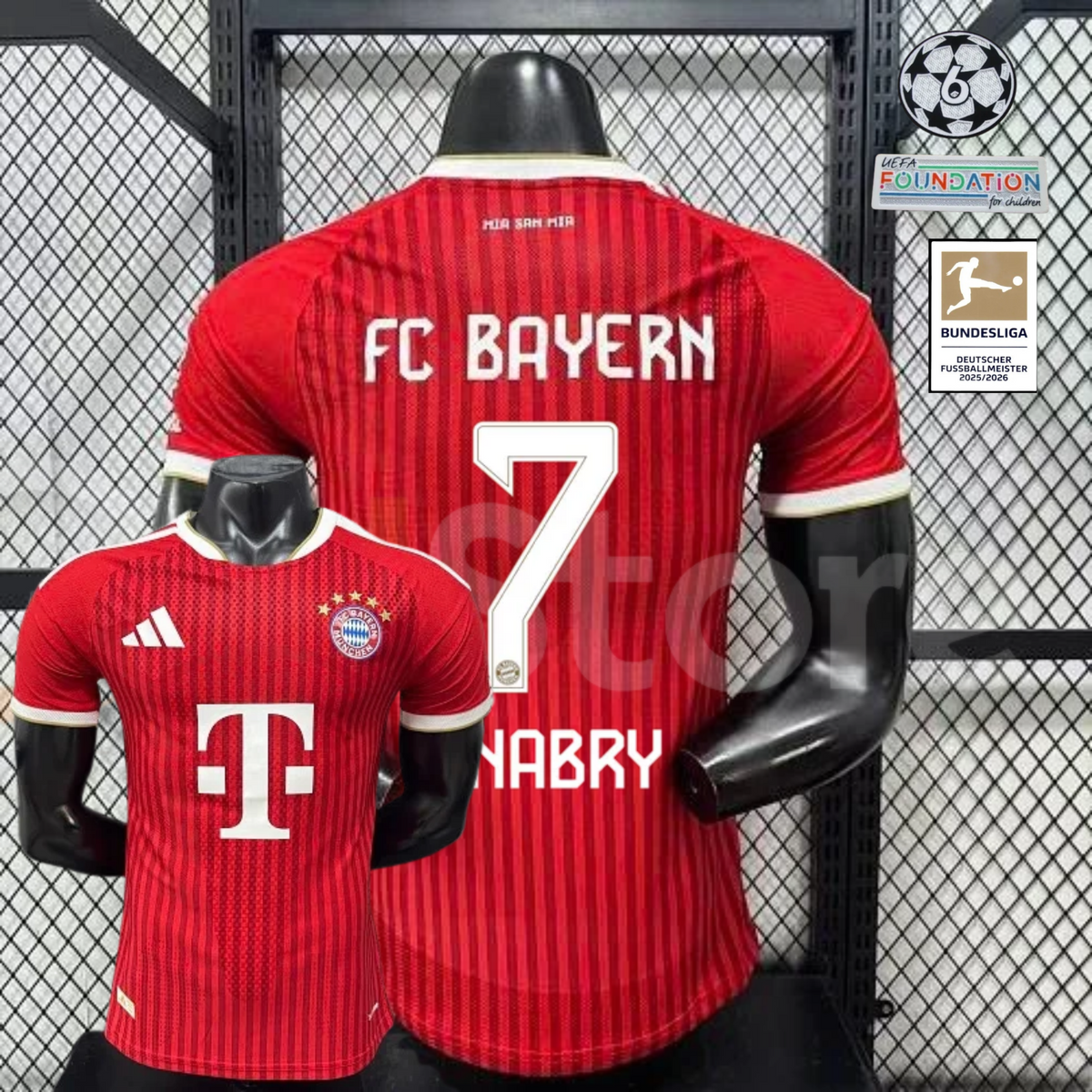 Red Bayern Munich short-sleeve home jersey, front and back views, with GNABRY and number 7 on the back.