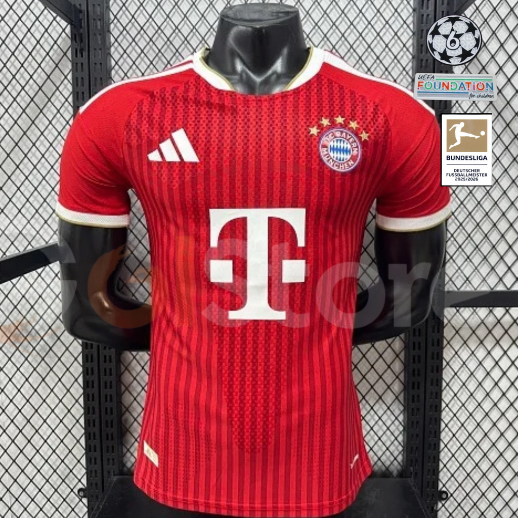 Red Bayern Munich home jersey, front view, with short sleeves, white trim and club crest.