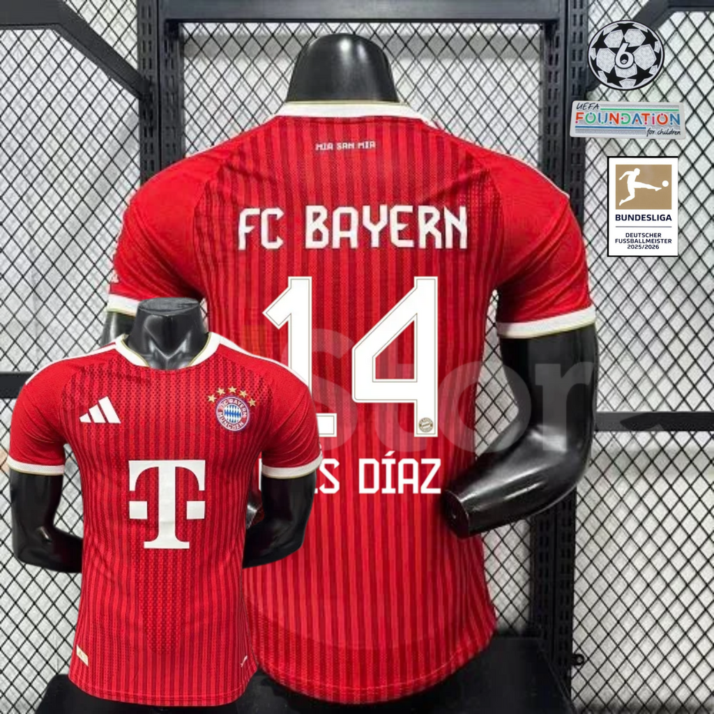 Red Bayern Munich short-sleeve home jersey, front and back views, with white trim and Luis Díaz number 14 on the back