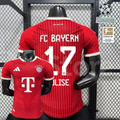 Red Bayern Munich short-sleeve home jersey, front and back views, with white trim and OLISE number 17 on the back.