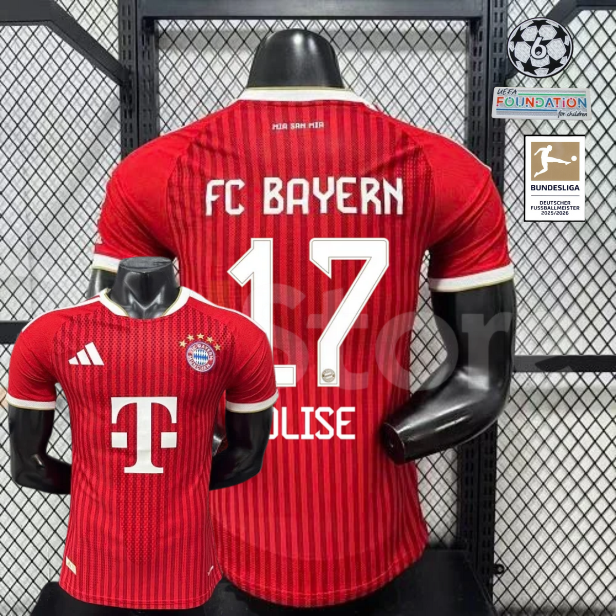 Red Bayern Munich short-sleeve home jersey, front and back views, with white trim and OLISE number 17 on the back.